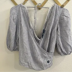 NWT Abercrombie & Fitch Striped Linen Wrap Top XS thumbnail 5