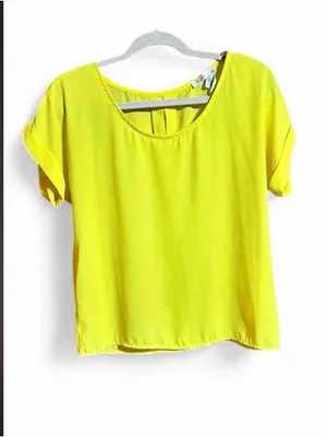 AGACI Neon Yellow Blouse with Rolled Short Sleeves and a Split Open Back Sz M thumbnail 2