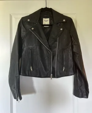 Abercrombie & Fitch Black Vegan Leather Moto Jacket with Silver Hardware Accents thumbnail 1