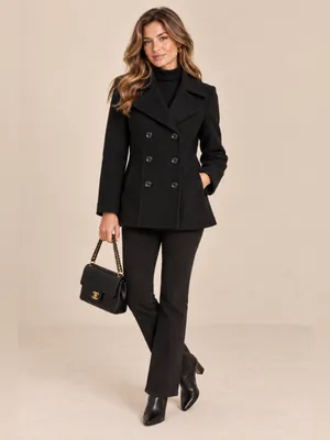 London Fog Black Double Breasted Wool Blend Longline Minimalist Pea Coat Small thumbnail 9