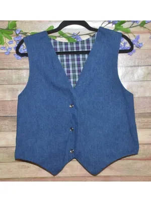 VTG Handmade Unisex S/M Blue Denim Jean Vest Plaid Reversible Country Cottage thumbnail 8