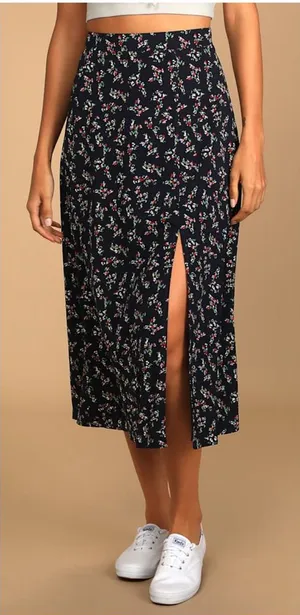 Lulus Bliss Me Navy Blue Floral Print Midi Skirt thumbnail 1