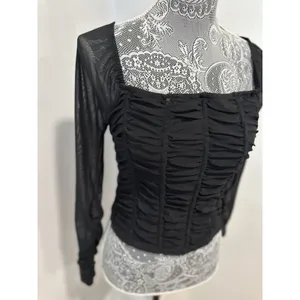 Jolie and Joy Women Sz:L Cropped Ruched Black Bodice Stretch Sheer Mesh Sleeves thumbnail 8
