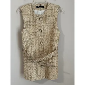 Zara Tweed Vest Women Medium Gold Metallic Belted Longline Sleeveless Jacket NEW thumbnail 4