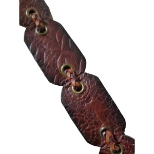 VTG Belt Braided Linked Leather Hippy Boho Hand Tooled Flowers Brass Buckle 37” thumbnail 5