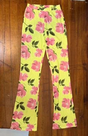 White Fox Boutique Yellow Straight-Leg Pants with Pink Floral Print thumbnail 1