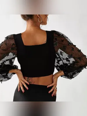 Free People Black Puff-Sleeve Cropped Square-Neck Top with Butterfly Detail thumbnail 5