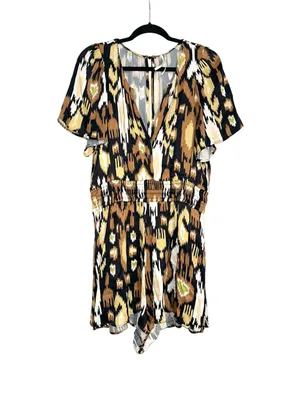 Anthropologie Somerset Ikat Brown & Black Patterned Short Sleeve Romper LARGE thumbnail 2