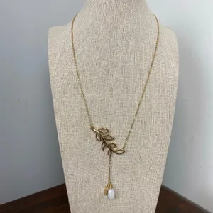 Bansri Gold Leaf Lariat Necklace White Teardrop Stone Charm Dainty Boho thumbnail 2