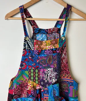 Incredible Retro Boho Multicolor Dopamine Dressing Patchwork 1970s Overalls Red Size M thumbnail 1