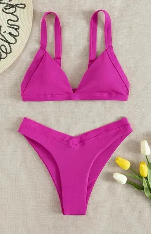 SHEIN Swim Vcay Ribbed Bikini Set Triangle Bra & High Cut Bottom thumbnail 1