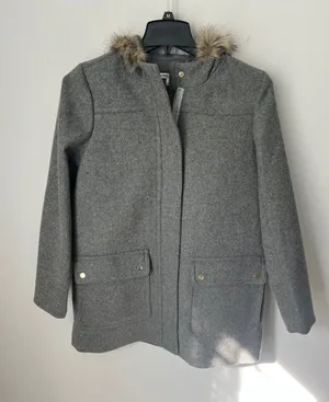J.Crew Mercantile Gray Wool Blend Faux Fur Hooded Coat Jacket Size 10 ©️ thumbnail 1