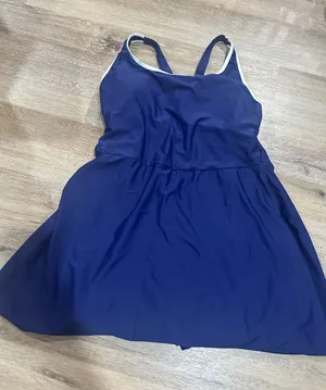 Navy Blue Swim Dress with White Trim thumbnail 1