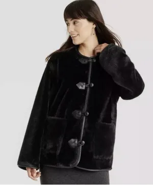 NWT Universal Thread Women Black Faux Fur Toggle Jacket Coat Pockets Size XL thumbnail 1