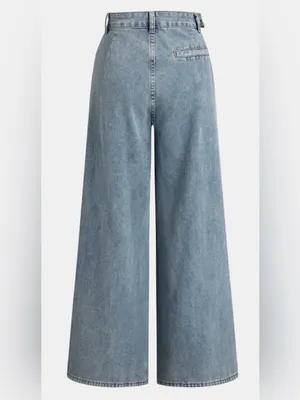 Commense Asymmetrical Ruched Denim Wide-Leg‎ Pants Jeans Sz S Tan Patch Indie thumbnail 2