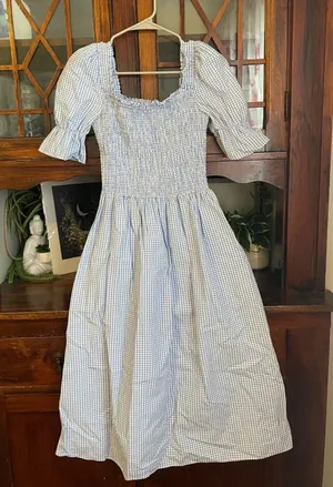 Damaris Bailey Gingham Smocked‎ Square Neck Puff Sleeve Midi Dress XS thumbnail 1