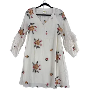 Anthropologie Fly & Flower Cream Embroidered Boho Dress sz M Ruffle Cottagecore thumbnail 3