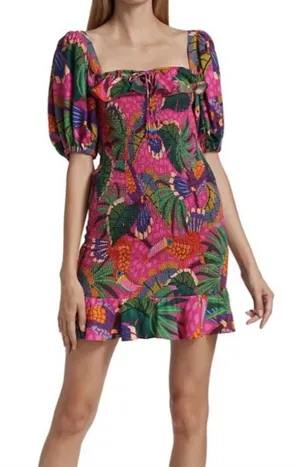 Farm Rio Smocked Puff Sleeve Mini Dress Size S thumbnail 1