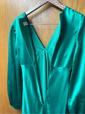 Mac Duggal Long Sleeve Empire Waist Satin Gown Maxi Dress Emerald Green 6 thumbnail 16