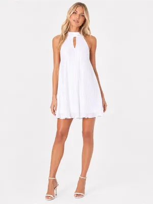 NEW Lulus Pretty Aura White Satin Plisse Mock Neck Mini Swing Summer Dress Sz XS thumbnail 2