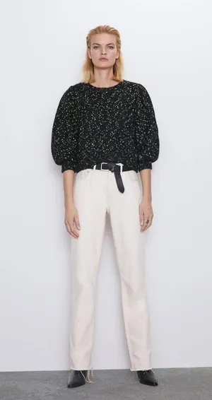 ZARA Metallic Thread Speckled Puffy Sleeve Knit Sweater thumbnail 1
