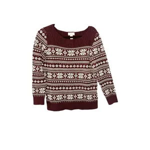 Loft Sweater Womens Size M Burgundy Fair Isle Long Sleeve Pullover Snowflake thumbnail 2