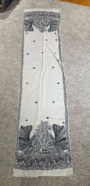 Fine Indian Kalamkari Peacock Floral Scarf Stole Dupatta White Black thumbnail 1