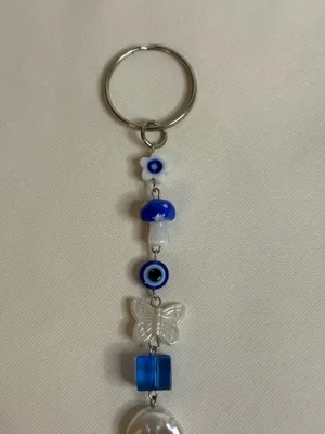 Handmade Blue/White Beaded Keychain thumbnail 2