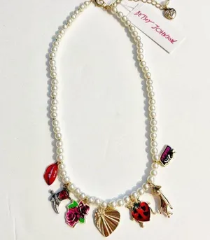👄Betsey Johnson Faux Pearl Charm Necklace - Ladybug, Lips, Flower & Cowboy Boot thumbnail 8