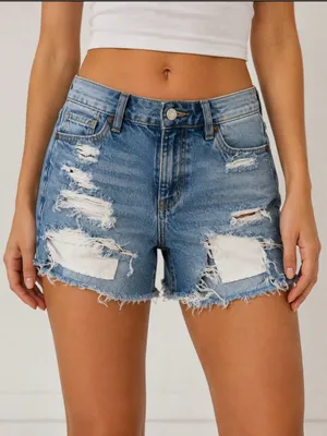 American Eagle Outfitters Distressed Light Blue High-Rise Denim Shorts thumbnail 1