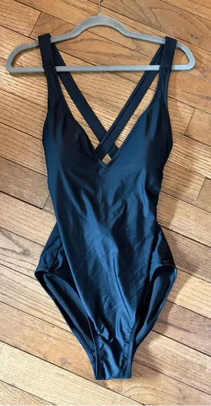 J Crew size 4 High Support Cross Back One Piece Swimsuit Deep V-neck black NWT thumbnail 1