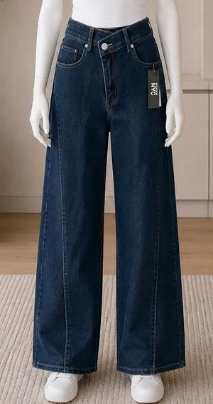 Madden NYC Womens Wide Leg Jeans Crossover Waist Dark Indigo Wash Size L 12-14 thumbnail 1