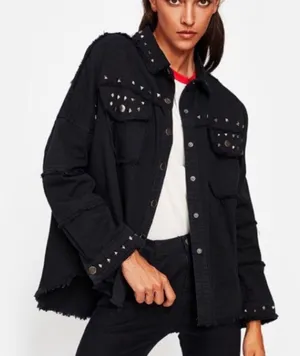 ZARA | Studded Denim Black Fringe Raw Hem Jacket thumbnail 1