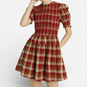 AUREUM Smocked Checkered Mini Dress Red Brown Plaid Cottagecore Prairie Size S thumbnail 9