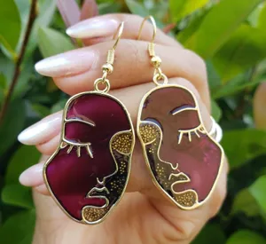Gold Plated Purple Art Face Handmade Resin Jump Earrings Tones Verdes Jewelry thumbnail 1