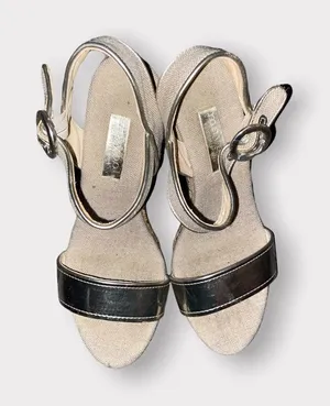 Maypol Gold Leather and Linen Espadrille Wedge Sandals Size 5.5 thumbnail 1