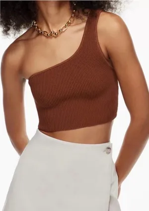 Babaton Aritzia Sculpt Knit One-shoulder Cropped Tank XXS Mocha Brown thumbnail 1