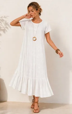 White Burnout Paisley Maxi Hawaiian Dress Short Sleeve Ruffle‎ Hem Beach Resort thumbnail 1