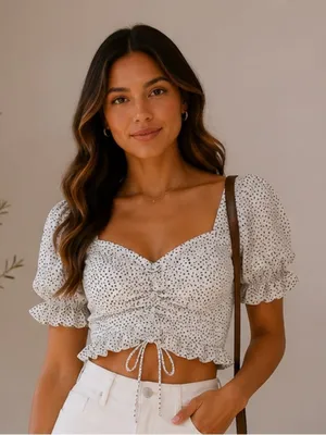 SHEIN White Black Polka Dot Ruched Tie Front Puff Sleeve Crop Top Size M thumbnail 1