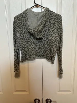 Athleta Cropped Olive Green Leopard-Print Hoodie thumbnail 4