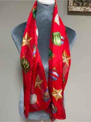 Echo red 100% silk scarf rectangle Christmas ornament theme oblong stars thumbnail 1