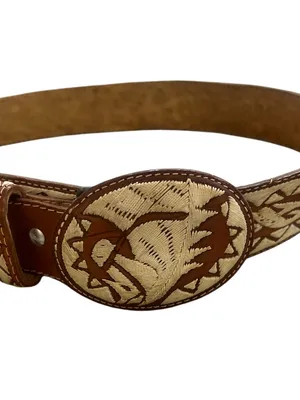 Handmade Embroidered Horse Leather Brown & Cream Western Belt Rare thumbnail 2