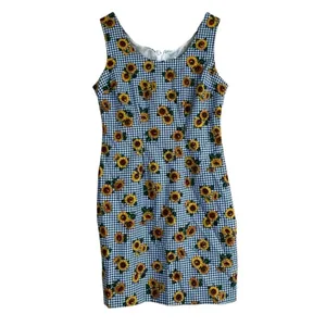 Cosmopolitan Sunflower Gingham Sheath Dress Blue White Floral Retro Size 2 thumbnail 2