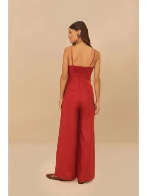 NWOT Farm Rio Red 3D Petals Bodice Euroflax Premium Linen Jumpsuit M Wide-Leg thumbnail 4