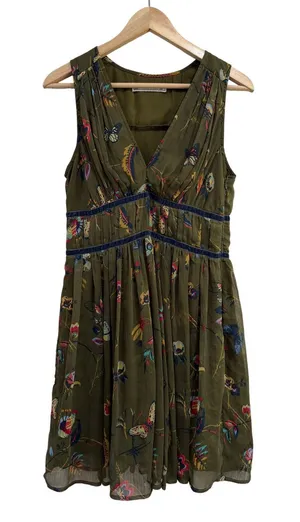 Abercrombie & Fitch Olive Green Butterfly Floral Pleated Mini Dress Womens M thumbnail 1