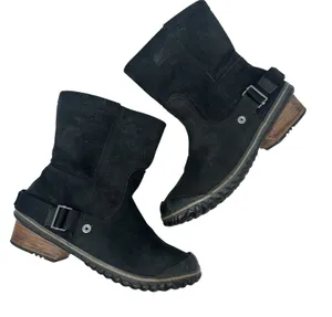 Sorel Slimshortie Waterproof‎ Leather Moto Boots Black Buckle Womens 9 thumbnail 1