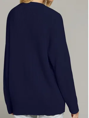 MEROKEETY Classic Navy Ribbed V-Neck Cardigan thumbnail 5