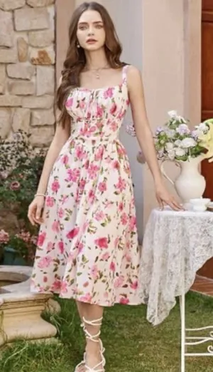 Scarlet Darkness Women Sundress Floral Printed Corset Ruched Bust Cami Flowy M thumbnail 1