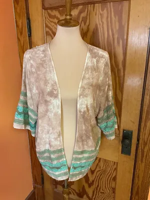 WYLD HEART Boho Tie Dye Kimono Cardigan Taupe Teal Lace Trim Open Front Size L thumbnail 11