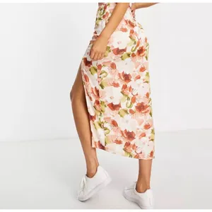Abercrombie‎ & Fitch Womens Floral Ruched Satin Side Slit Midi Skirt Orange thumbnail 6